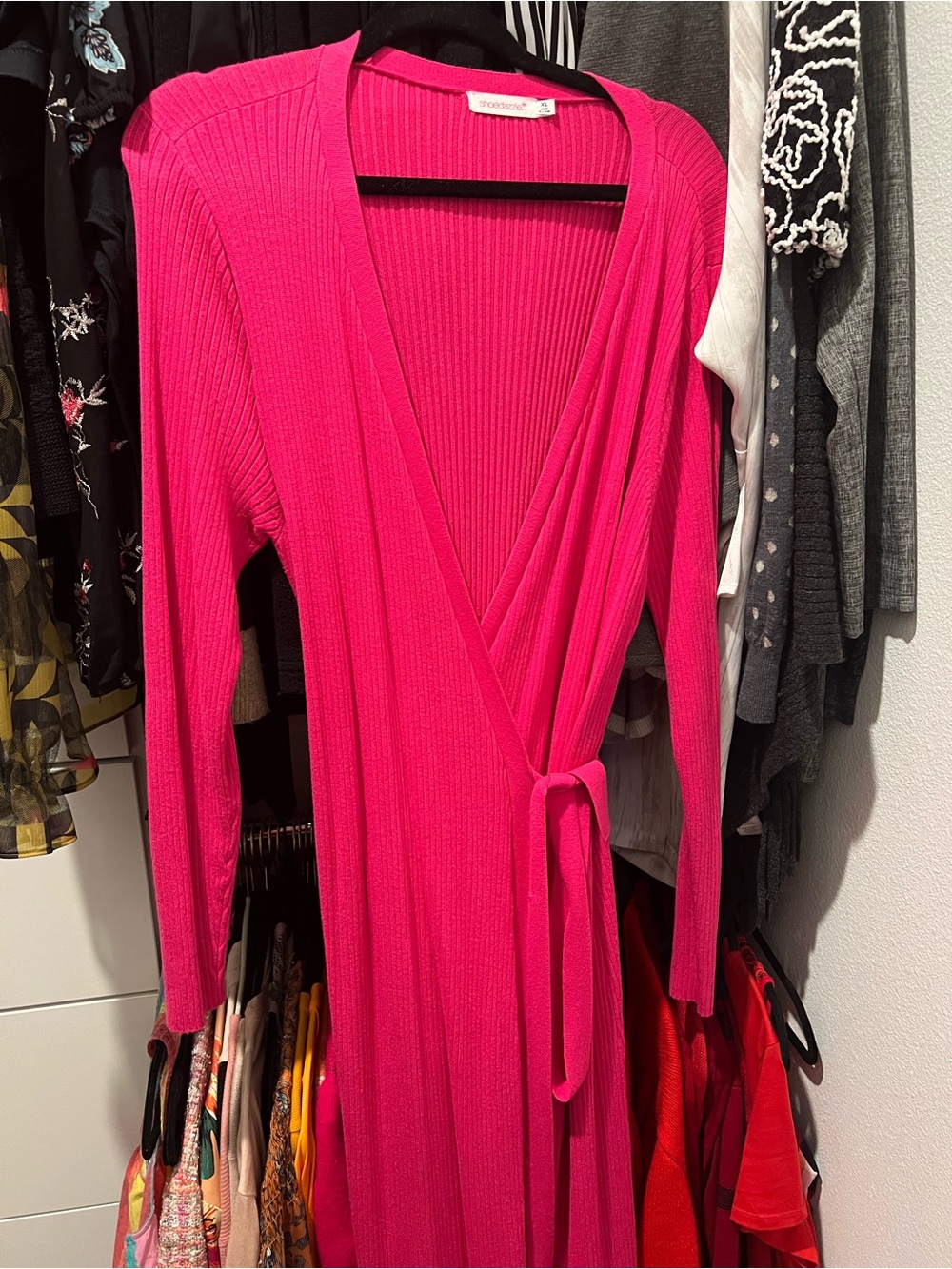 Shoe Dazzle Bright Fuchsia Ribbed Wrap Maxi Dress